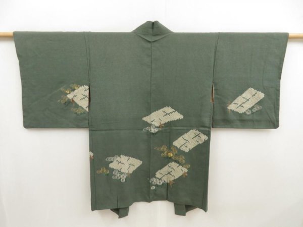 Photo1: 5405T08z550 Vintage Japanese Kimono Silk HAORI Chrysanthemum Grass green (1)