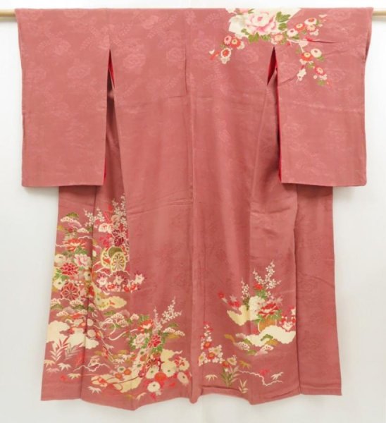 Photo1: 5405T11z510 Vintage Japanese Kimono Silk TSUKESAGE Flower cart Pink-Brown (1)