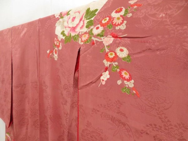 Photo2: 5405T11z510 Vintage Japanese Kimono Silk TSUKESAGE Flower cart Pink-Brown (2)
