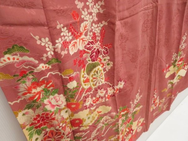 Photo3: 5405T11z510 Vintage Japanese Kimono Silk TSUKESAGE Flower cart Pink-Brown (3)