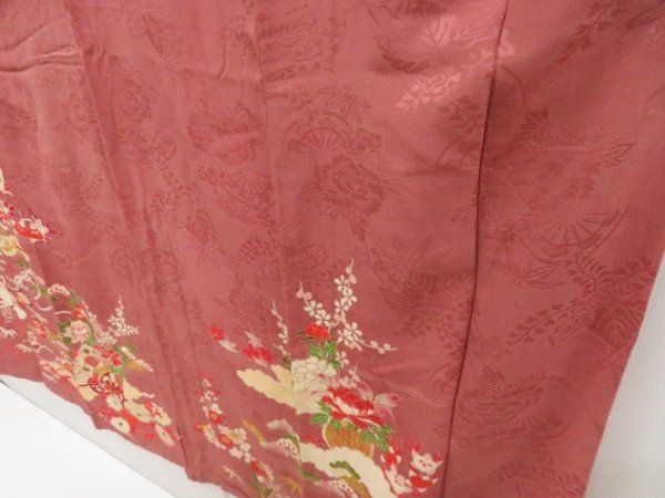 Photo4: 5405T11z510 Vintage Japanese Kimono Silk TSUKESAGE Flower cart Pink-Brown (4)