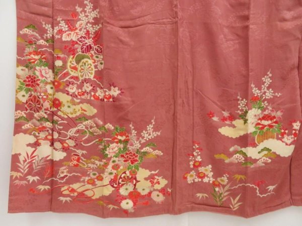 Photo5: 5405T11z510 Vintage Japanese Kimono Silk TSUKESAGE Flower cart Pink-Brown (5)
