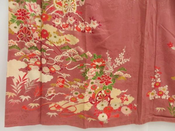 Photo6: 5405T11z510 Vintage Japanese Kimono Silk TSUKESAGE Flower cart Pink-Brown (6)