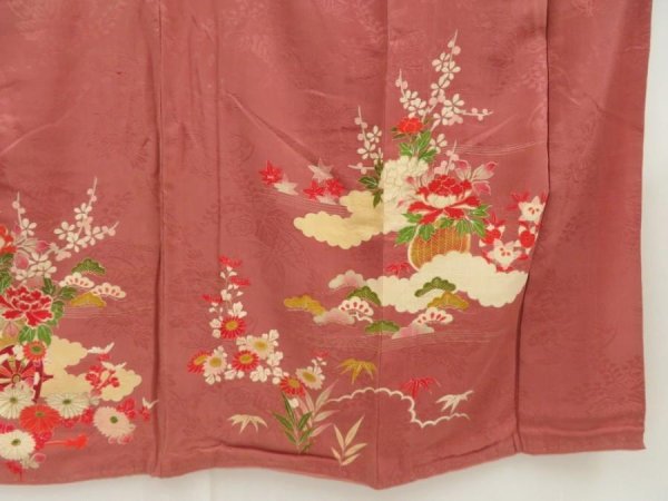 Photo7: 5405T11z510 Vintage Japanese Kimono Silk TSUKESAGE Flower cart Pink-Brown (7)