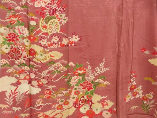 Photo8: 5405T11z510 Vintage Japanese Kimono Silk TSUKESAGE Flower cart Pink-Brown (8)