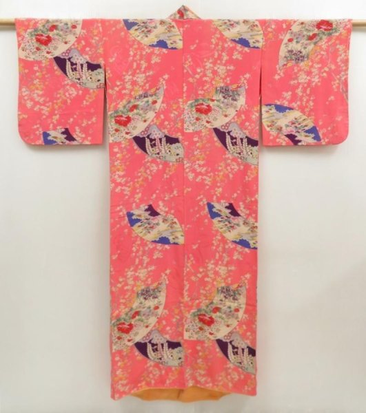 Photo1: 5405T12z530 Antique Japanese Kimono Silk Girl's  Jigami Red-Pink (1)