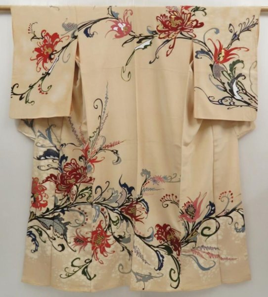 Photo1: 5405T14z830 Vintage Japanese Kimono Silk TSUKESAGE Flower Sand beige (1)