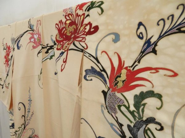 Photo2: 5405T14z830 Vintage Japanese Kimono Silk TSUKESAGE Flower Sand beige (2)