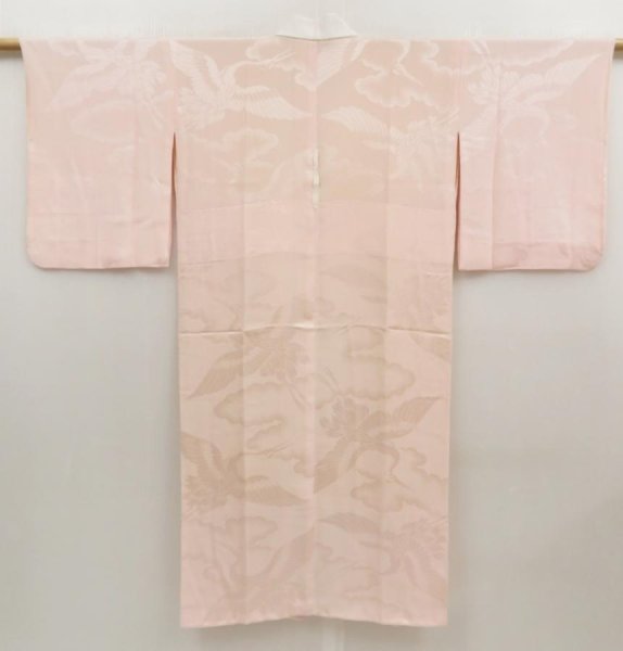 Photo1: 5411T01z440 Vintage Japanese Kimono Silk JUBAN Flying crane Light pink (1)