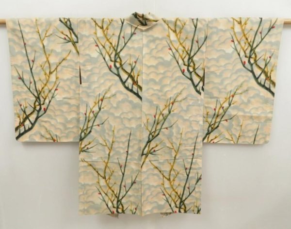Photo1: 5411T04z410 Vintage Japanese Kimono Silk MEISEN HAORI Branch Peach (1)