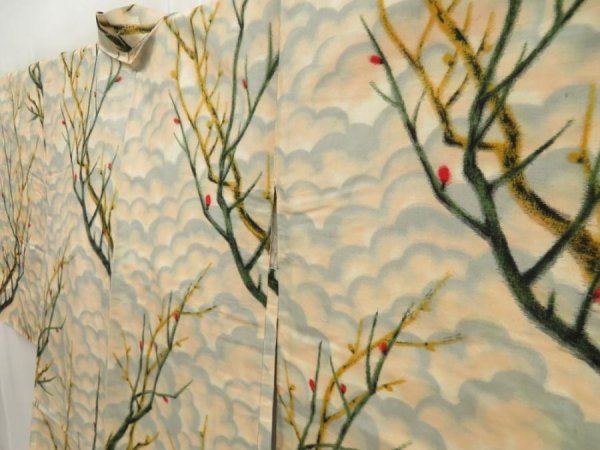 Photo2: 5411T04z410 Vintage Japanese Kimono Silk MEISEN HAORI Branch Peach (2)