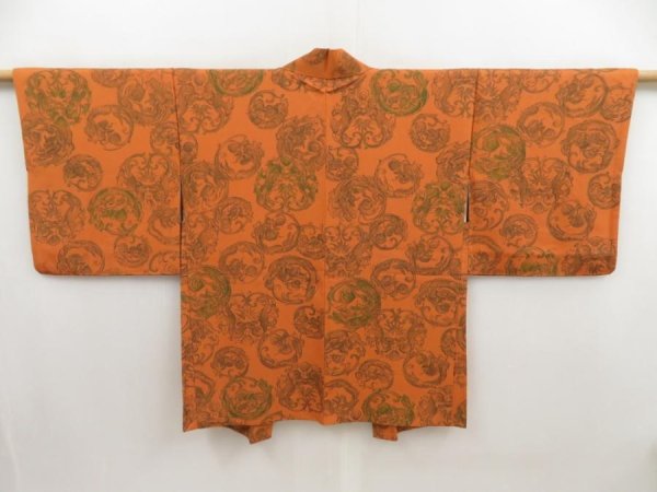 Photo1: 5411T05z550 Vintage Japanese Kimono Silk HAORI Dragon Orange-Brown (1)