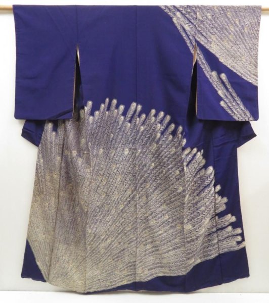 Photo1: 5411T08z1020 Vintage Japanese Kimono Silk TSUKESAGE Peacock feather (1)