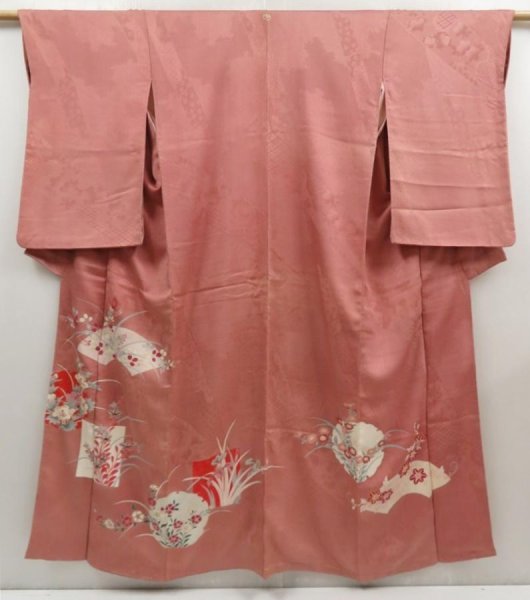 Photo1: 5411T09z760 Vintage Japanese Kimono Silk IROTOMESODE Flowers Dull pink (1)