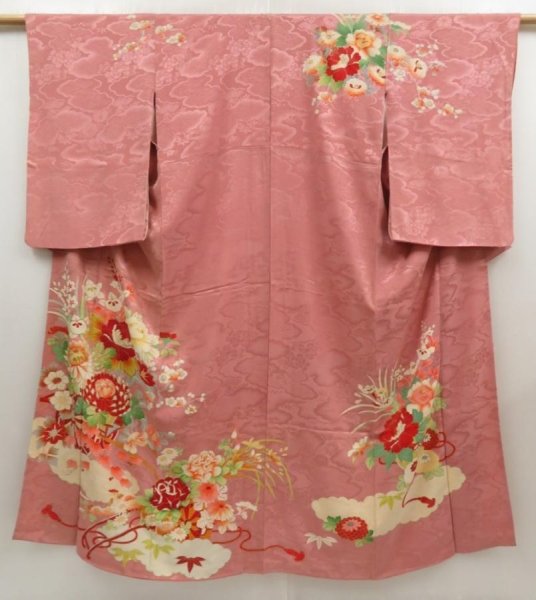 Photo1: 5411T10z640 Antique Japanese Kimono Silk TSUKESAGE Flower cart Dull pink (1)