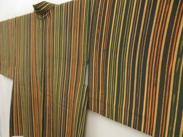 Photo2: 5413T03z620 Vintage Japanese Kimono Silk HAORI Stripe Raw sienna (2)