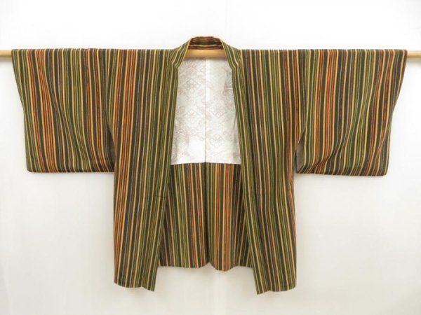 Photo4: 5413T03z620 Vintage Japanese Kimono Silk HAORI Stripe Raw sienna (4)