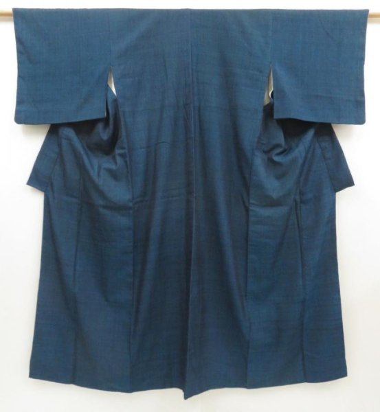 Photo1: 5413T05z700 Vintage Japanese Kimono Silk TSUMUGI Plain Navy (1)