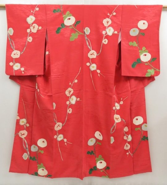 Photo1: 5413T06z790 Vintage Japanese Kimono Silk KOMON Flower Red-Pink (1)