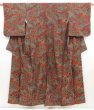 Photo1: 5413T07z780 Vintage Japanese Kimono Silk KOMON Flowers Dark red (1)