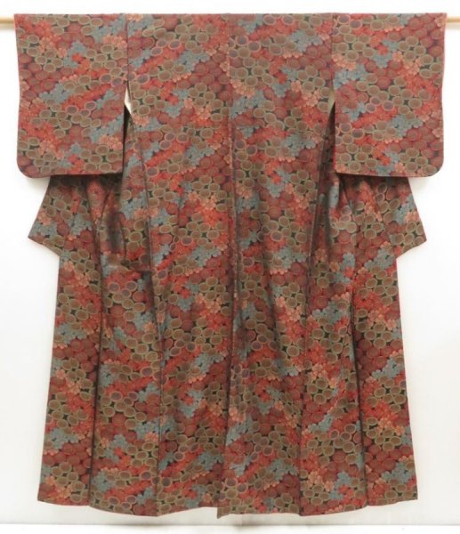 Photo1: 5413T07z780 Vintage Japanese Kimono Silk KOMON Flowers Dark red (1)