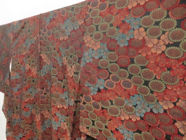 Photo2: 5413T07z780 Vintage Japanese Kimono Silk KOMON Flowers Dark red (2)