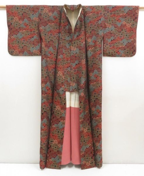 Photo8: 5413T07z780 Vintage Japanese Kimono Silk KOMON Flowers Dark red (8)