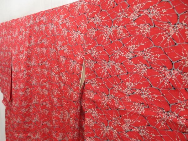 Photo2: 5413T08z450 Vintage Japanese Kimono Silk KOMON Plum blossom Dark red (2)