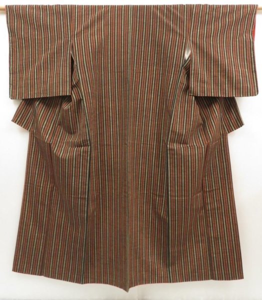 Photo1: 5413T10z720 Vintage Japanese Kimono Silk TSUMUGI Stripe Orange-Brown (1)