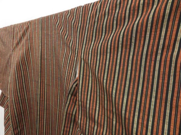 Photo2: 5413T10z720 Vintage Japanese Kimono Silk TSUMUGI Stripe Orange-Brown (2)