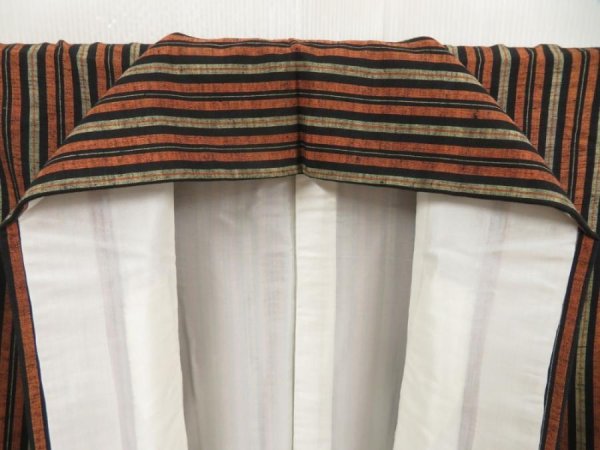 Photo7: 5413T10z720 Vintage Japanese Kimono Silk TSUMUGI Stripe Orange-Brown (7)