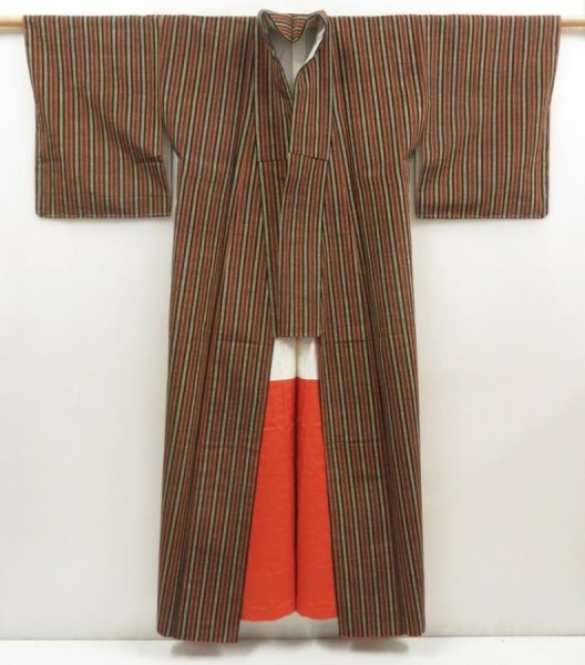 Photo8: 5413T10z720 Vintage Japanese Kimono Silk TSUMUGI Stripe Orange-Brown (8)