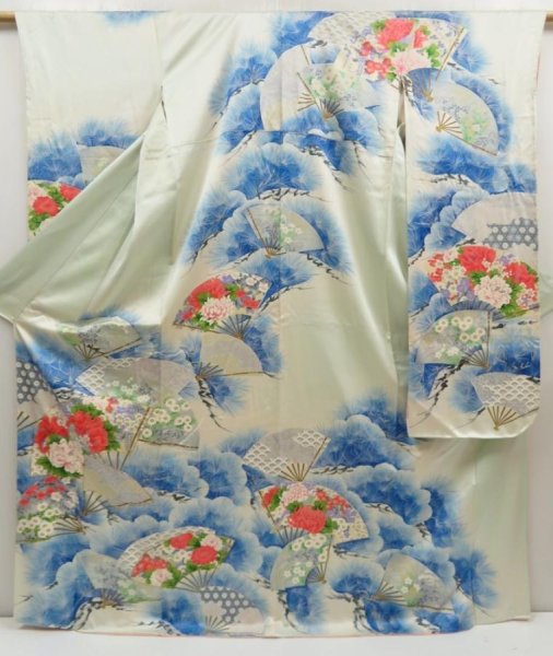 Photo1: 5413T12z1040 Vintage Japanese Kimono Silk FURISODE Folding fan Soft green (1)