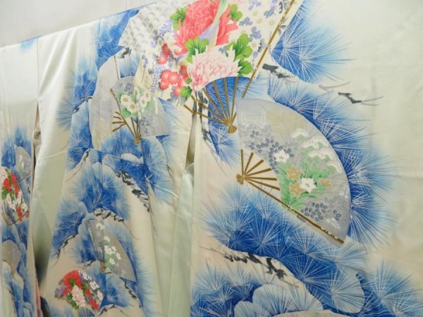 Photo2: 5413T12z1040 Vintage Japanese Kimono Silk FURISODE Folding fan Soft green (2)