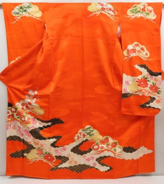 Photo1: 5413T13z930 Vintage Japanese Kimono Silk FURISODE Pine Orangered (1)