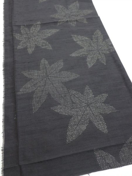 Photo2: 3L01z60  Japanese Kimono Silk TSUMUGI FABRIC Maple Black-Gray 38.6x14.2 (2)