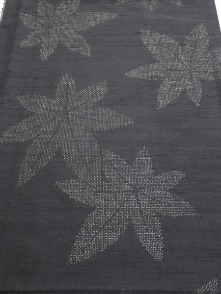 Photo1: 3L02z50  Japanese Kimono Silk TSUMUGI FABRIC Maple Black-Gray 37.8x14.2 (1)