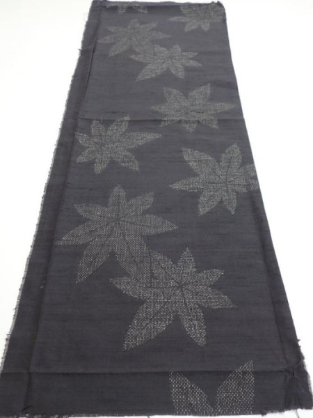 Photo5: 3L02z50  Japanese Kimono Silk TSUMUGI FABRIC Maple Black-Gray 37.8x14.2 (5)
