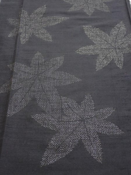 Photo1: 3L05z80  Japanese Kimono Silk TSUMUGI FABRIC Maple Black-Gray 59.4x14.6 (1)