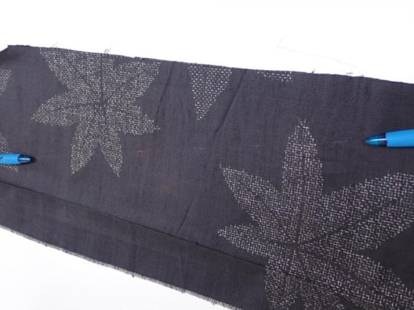 Photo5: 3L07z40  Japanese Kimono Silk TSUMUGI FABRIC Maple Black-Gray 54.7x7.5 (5)