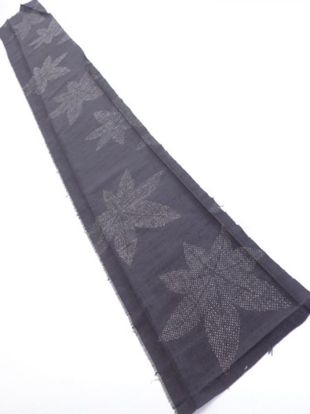 Photo6: 3L07z40  Japanese Kimono Silk TSUMUGI FABRIC Maple Black-Gray 54.7x7.5 (6)