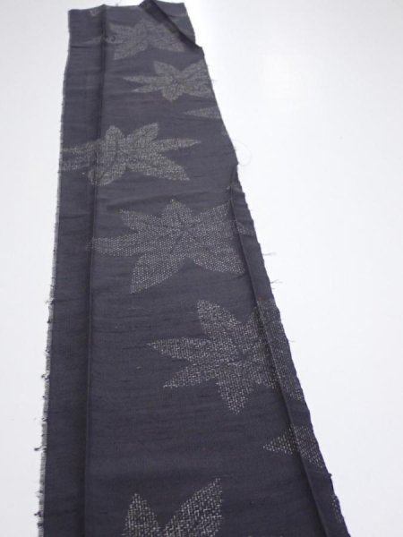 Photo3: 3L08z40  Japanese Kimono Silk TSUMUGI FABRIC Maple Black-Gray 55.9x7.5 (3)