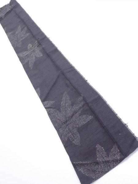 Photo5: 3L10z30  Japanese Kimono Silk TSUMUGI FABRIC Maple Black-Gray 46.5x6.7 (5)