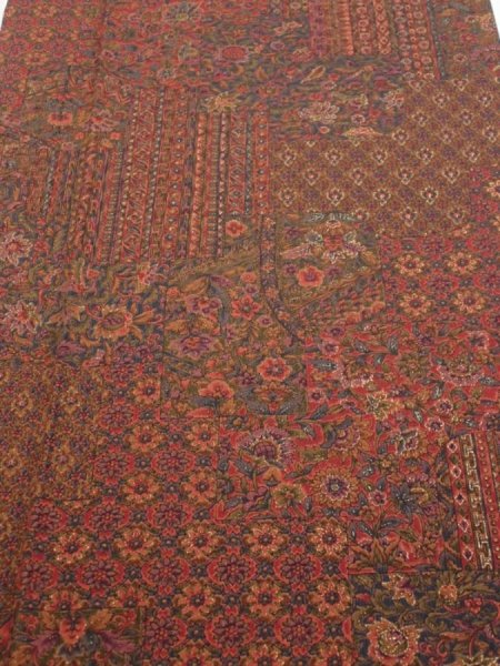 Photo1: 3L06z100  Japanese Kimono Silk  FABRIC Flowers Dark red 66.1x14.6 (1)