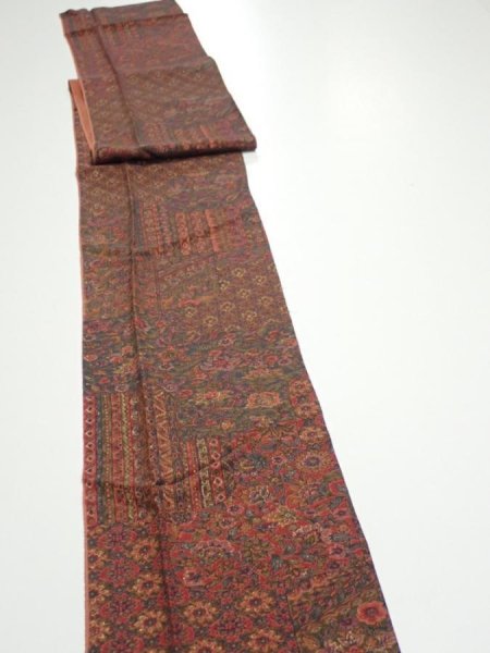 Photo3: 3L09z60  Japanese Kimono Silk  FABRIC Flowers Dark red 82.7x6.7 (3)