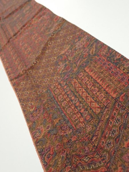 Photo2: 3L10z30  Japanese Kimono Silk  FABRIC Flowers Dark red 37.4x6.7 (2)