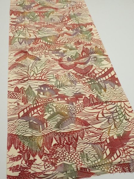 Photo2: 3L04z80  Japanese Kimono Silk  FABRIC Scenery Light cream 57.1x14.2 (2)