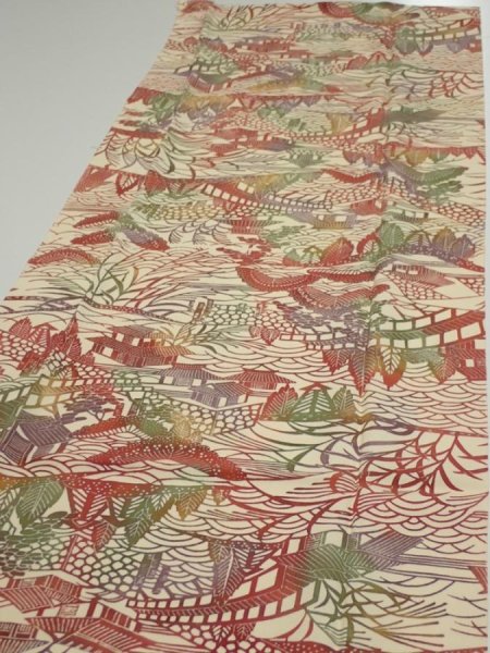 Photo3: 3L04z80  Japanese Kimono Silk  FABRIC Scenery Light cream 57.1x14.2 (3)