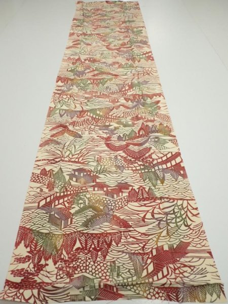 Photo4: 3L04z80  Japanese Kimono Silk  FABRIC Scenery Light cream 57.1x14.2 (4)