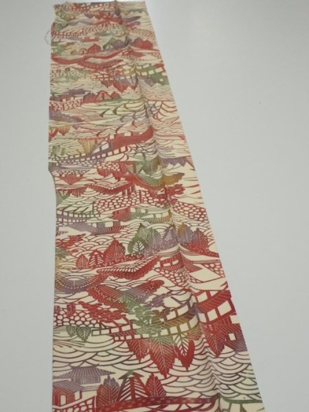 Photo3: 3L07z40  Japanese Kimono Silk  FABRIC Scenery Light cream 51.6x7.3 (3)